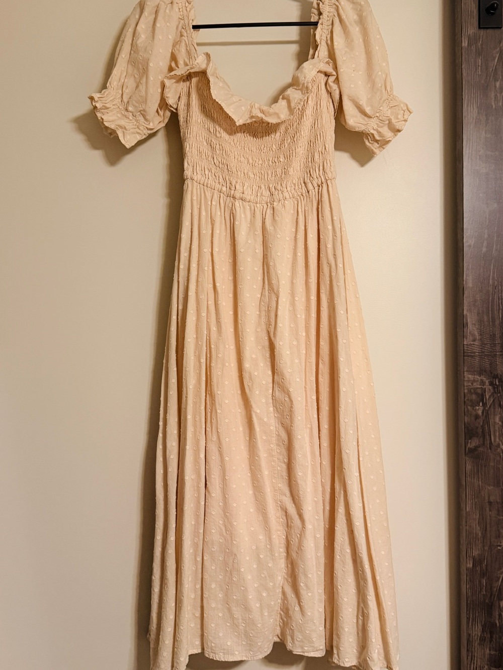 Boho Smocked Dress Puff Sleeves | Size Small | Neutral Tone - Picture 4 of 4